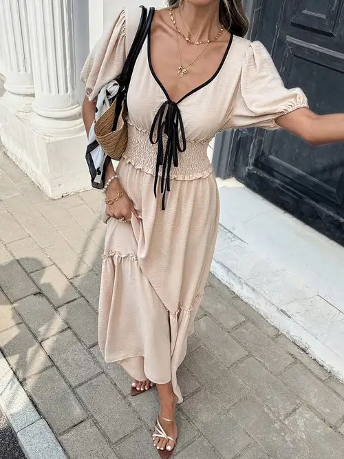 womens beige summer dress Fleurora Beige Women Elegant Midi Dress With V-Neck Puff Short Sleeves And Pleated Skirt Sophisticated For Events Tea Party Formal Wedding Wedding