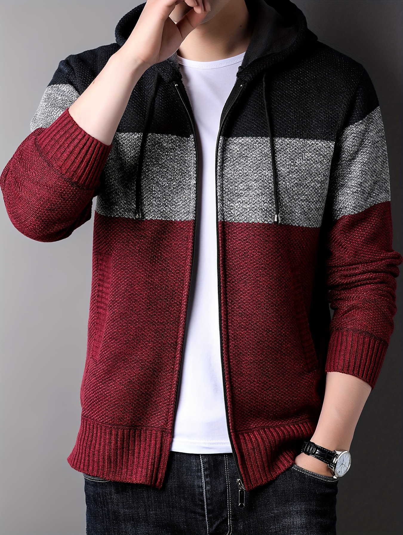 Herren Strickjacke Langer Strickmantel Mit Kapuze Beige