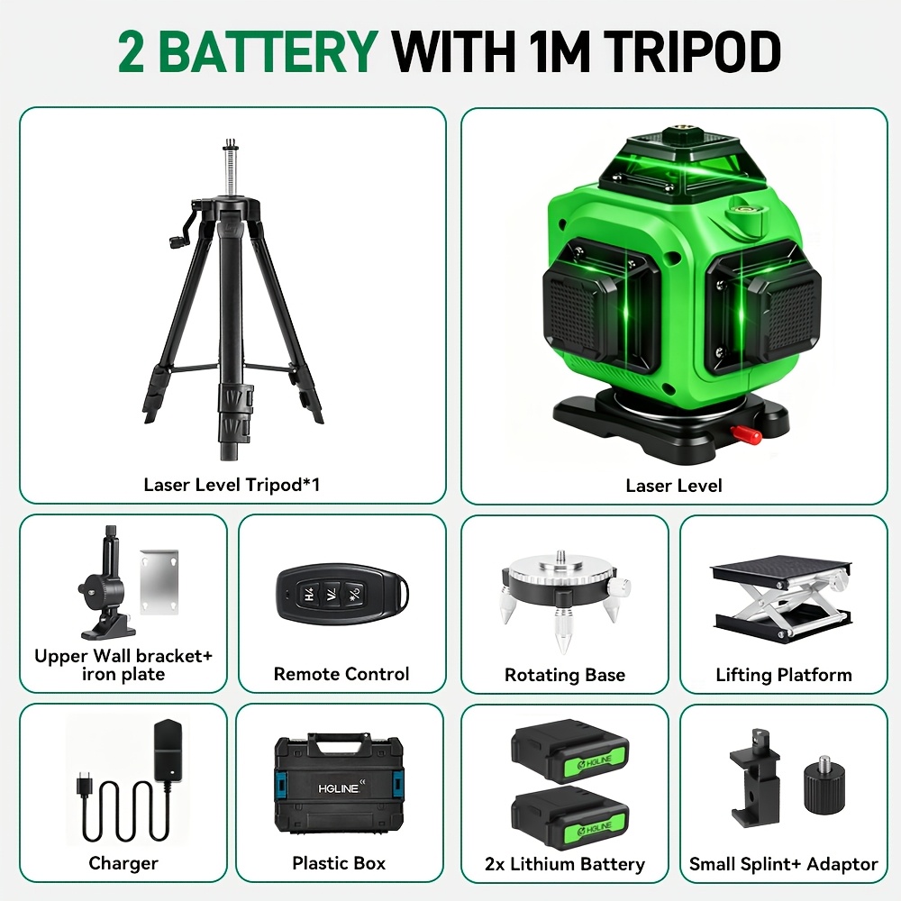 1 Set Laser Level, 16 Green Cross Lines, 4d Laser, With Rechargeable Battery, Level With Automatic Leveling Function, Perfect For Construction And Home Decoration