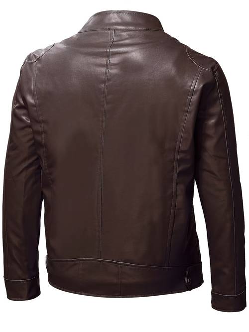 mens classic stand collar pu pu leather zip up motorcycle jacket regular fit long sleeve solid color zipper closure daily casual wear for pu lining non stretch fabric construction