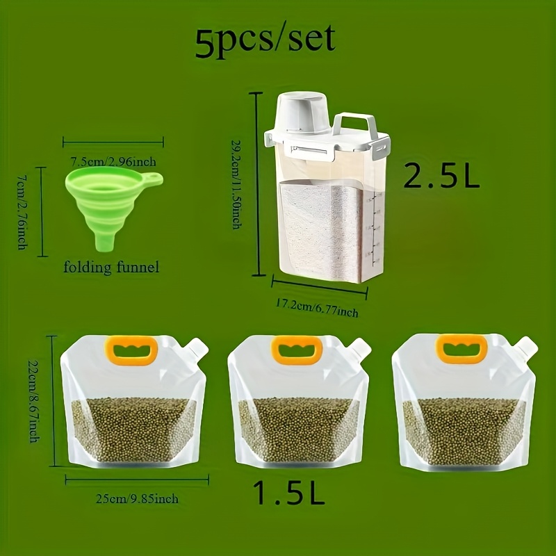 Image of 5pcs/set Airtight Food Storage Container With Lid 1pc2.5l Grain Storage 3pcs1.5l +1pc Mini Funnel Ideal For Grain, Nuts, Flour, Rice, Kitchen Organization, Portable For Home & Outdoor Use