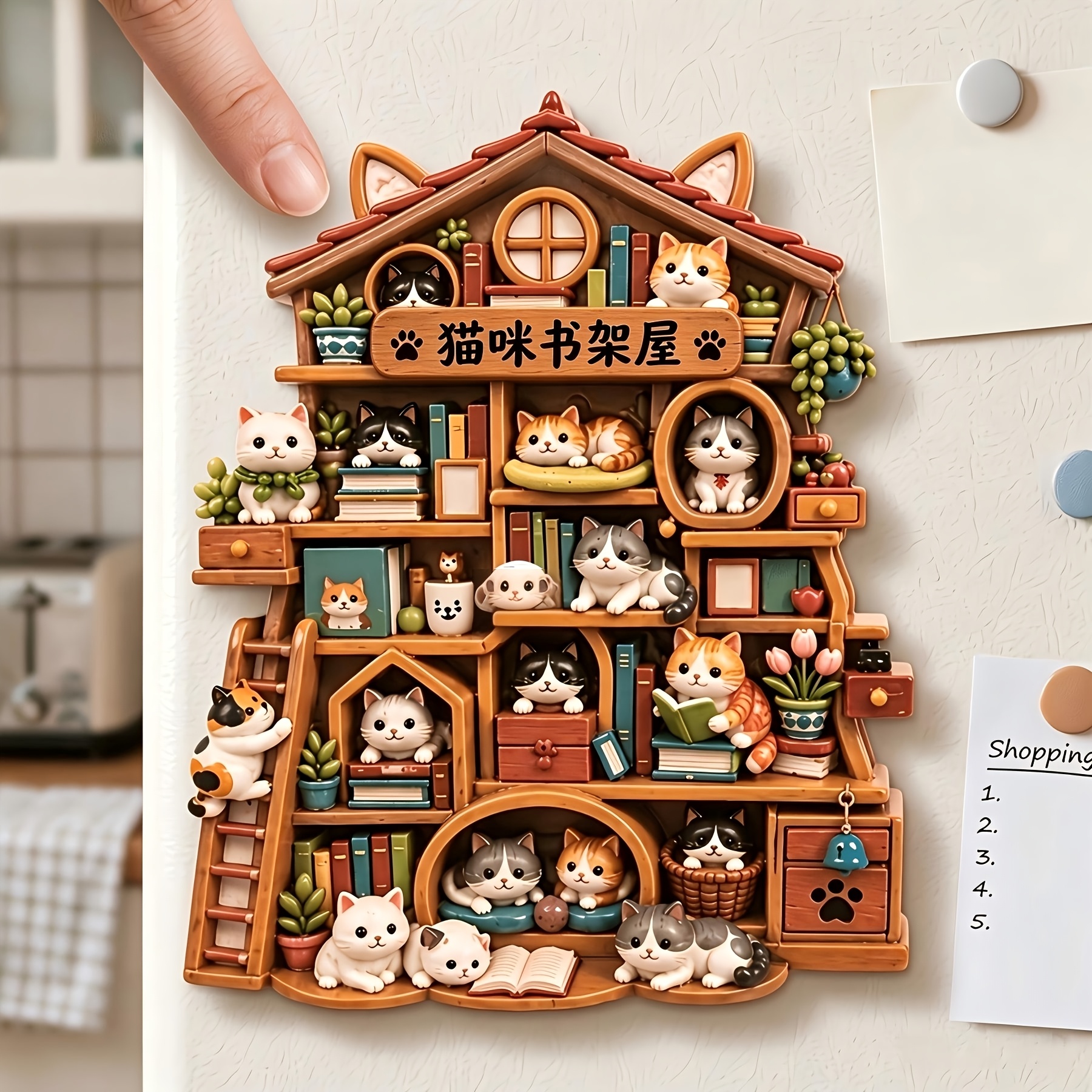 TEMU 3d Embossed Cat Bookshelf House Refrigerator Magnet, Multi-level Wooden House With Adorable Cat Reading Miniature Scene Resin Magnetic Sticker,