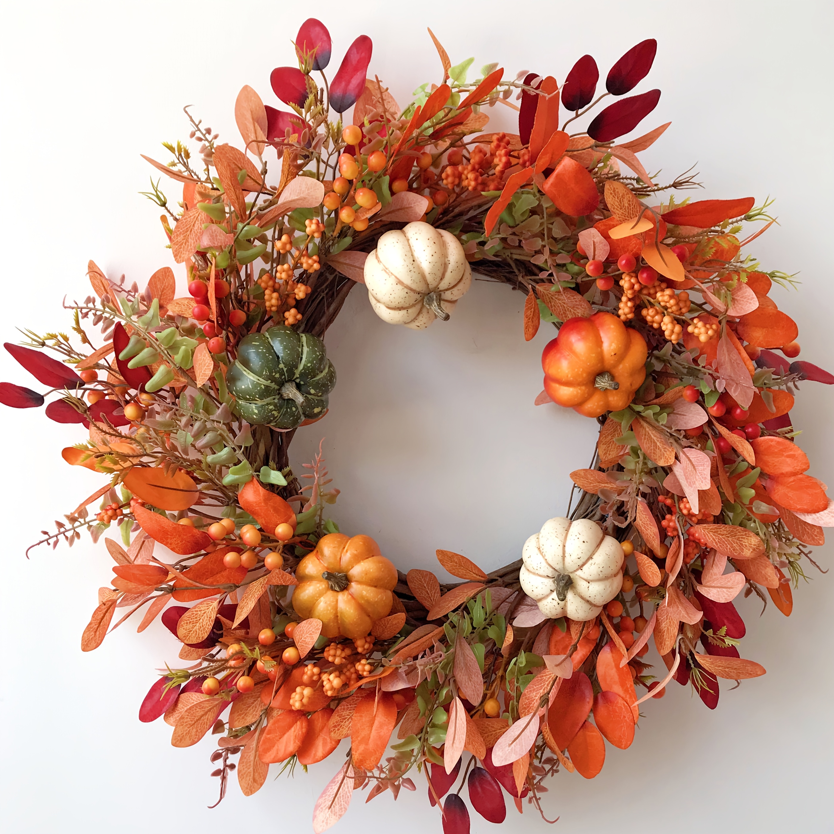 Handmade-style Fall Wreath Suitable For - 55cm Realistic Artificial Pumpkin Berries, Eucalyptus & Wreath For Thanksgiving Door Hanging, Decor, Plastic Foliage Wreath