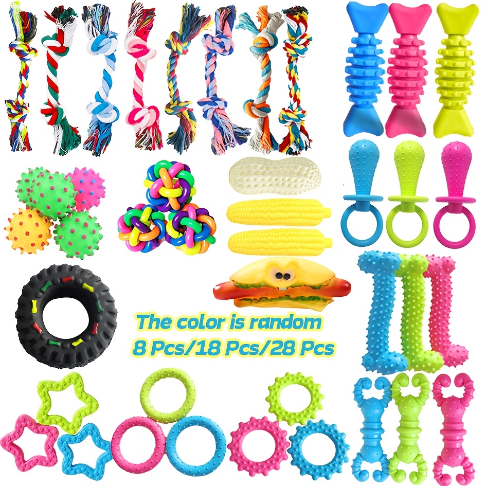 

8/18/28pcs Dog Toy Set, Assorted , Dental Health, Training Aid & Interactive Boredom , Non-battery Plastic For Puppies, Small & Medium Dogs