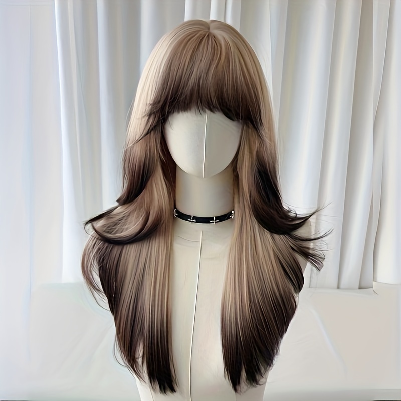 

Women's Long Straight Hair Wig With Bangs - High Temperature Fiber, Rose Net Cap, Party Style, Suitable For All People - Gradient Gold To Black