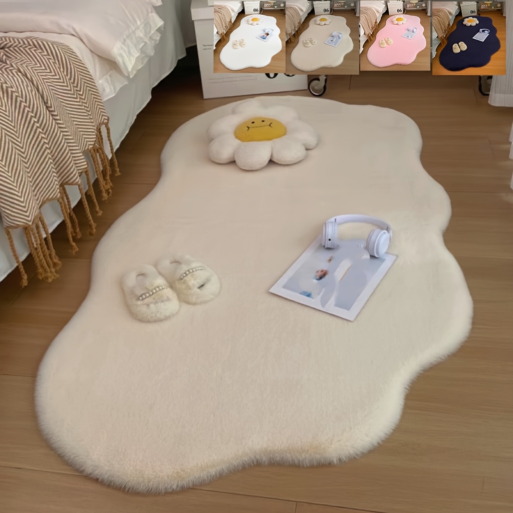 Image of Faux Rabbit Plush Material Irregular Solid Color Floor Mat, Fluffy Soft Style Home Indoor Living Room Bedroom Sofa Decorative Carpet Pad, Machine Washable