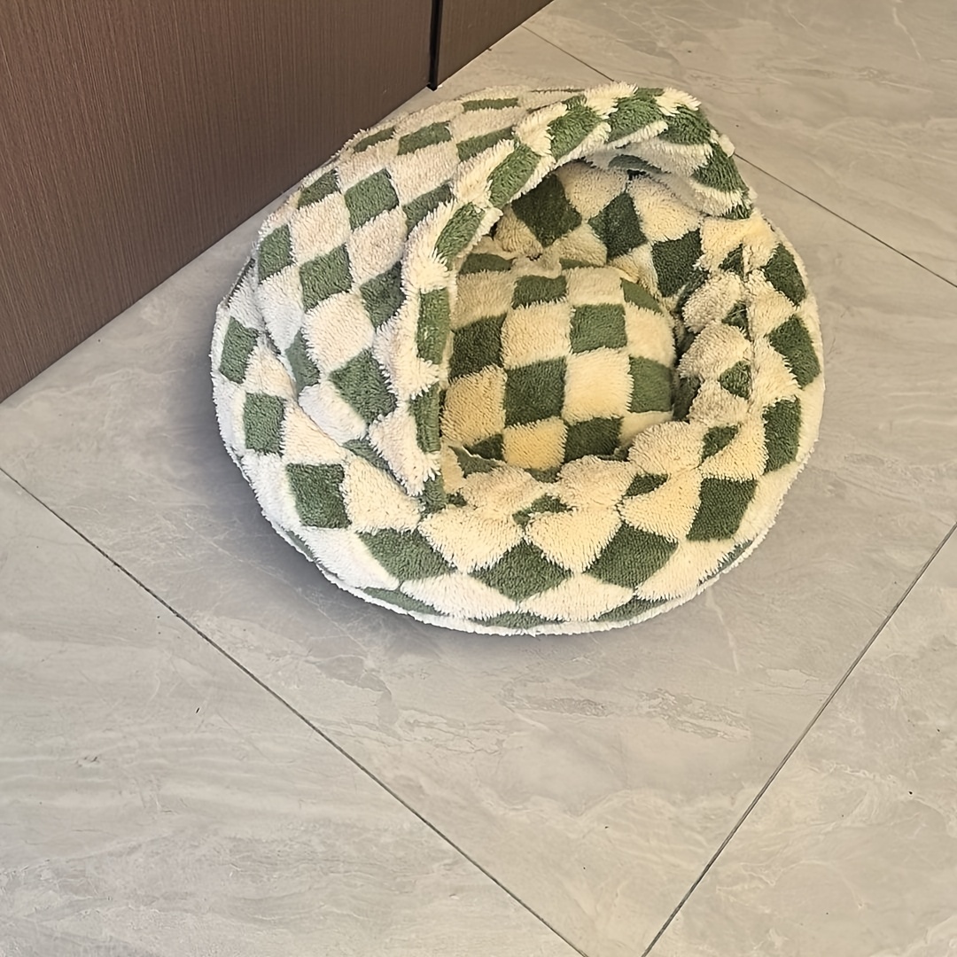 TEMU Green Checkered Plush Cat Cave Bed, Soft Padded Round Pet Nest With Non-slip Bottom, Semi-enclosed Cozy Sleeping Bed For Cats And Small Dogs,