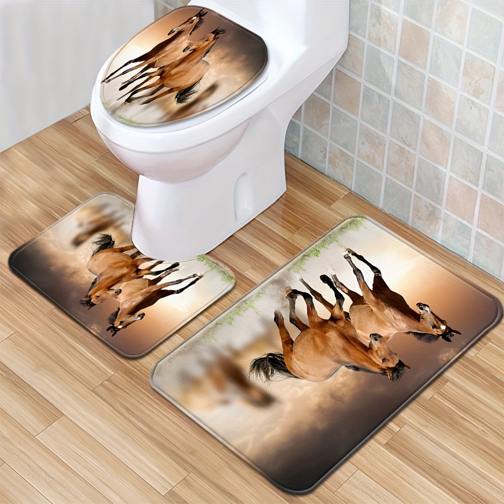 

1/3pcs Classic Horse Floor Mat Set Toilet Cover Toilet Rug Bathroom Absorbent Door Mat Bathroom Three-piece Set Anti-slip Mat Decoration