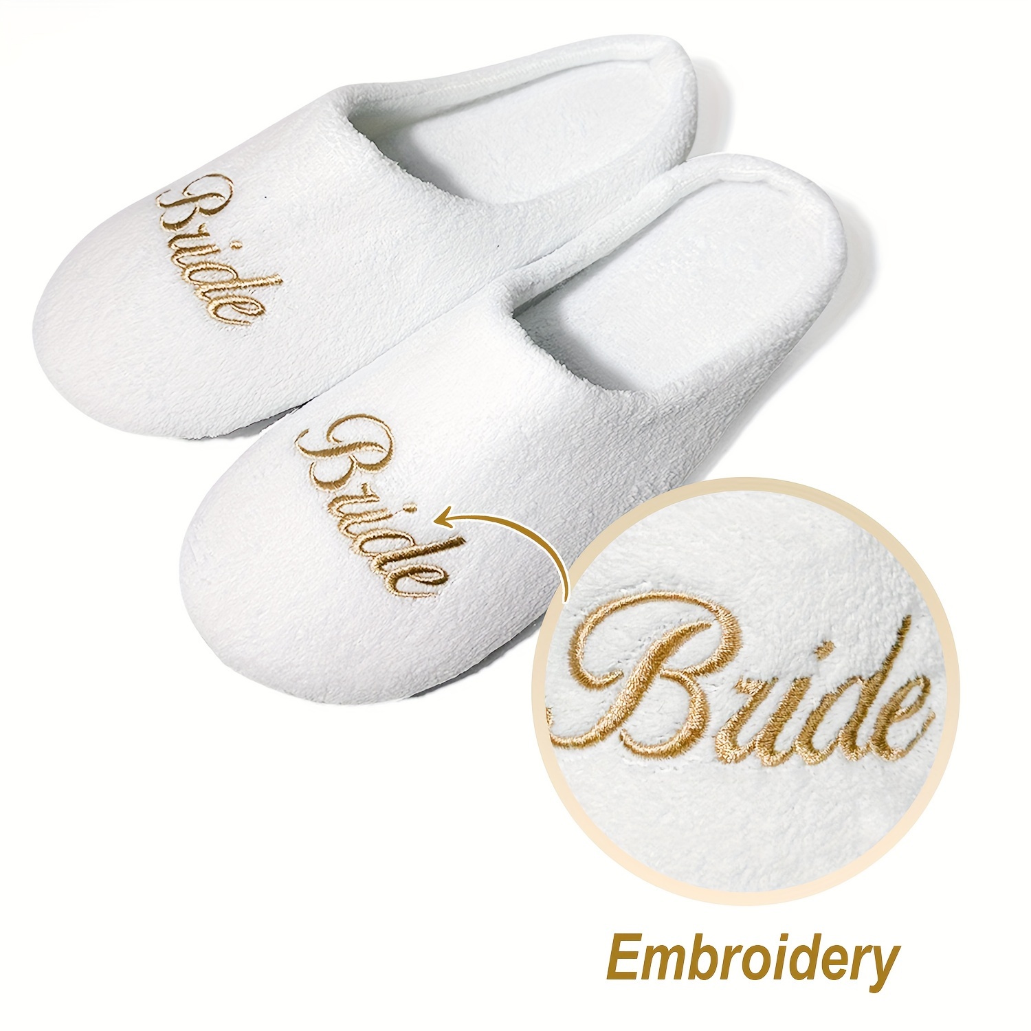 

Bridal Party Slippers For Women, Fuzzy Soft Plush Lined Comfy Closed Toe Slip-on Flats, Embroidered Golden "bride" Lettering, Ideal For Wedding