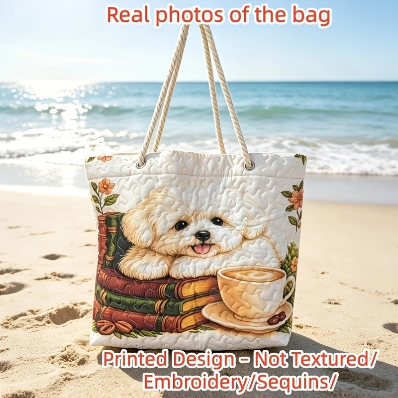 TEMU Printed Design - Texture-free/no Embroidery/no Sequins Large Quilted Cute Dog Print Tote Bag Vintage Book Shoulder Bag Spacious Beach Vacation