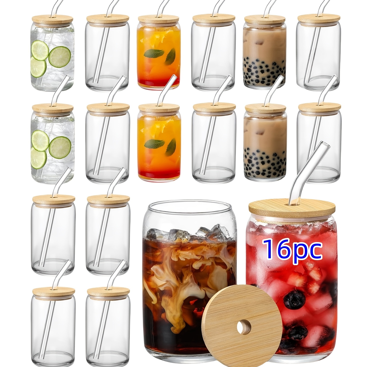 8/16, glass mugs, 17.8 oz/550 ml glass mugs featuring lids and straws, mason  jar beverage mugs, iced coffee mugs, glass mugs with bamboo lids, adorable  mugs, reusable straws, ideal for family |