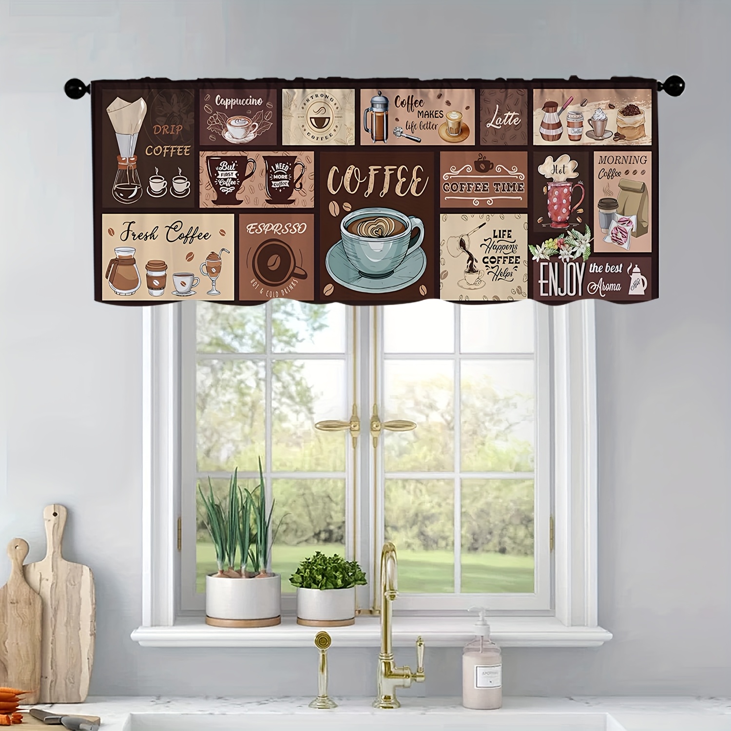 1pc coffee themed kitchen curtain valance 54 x18 polyester light filtering reversible machine washable rod   with coffee cup   ideal for   room bedroom bathroom decor coffee decor coffee cup design light filtering curtains coffee bar accessories 0