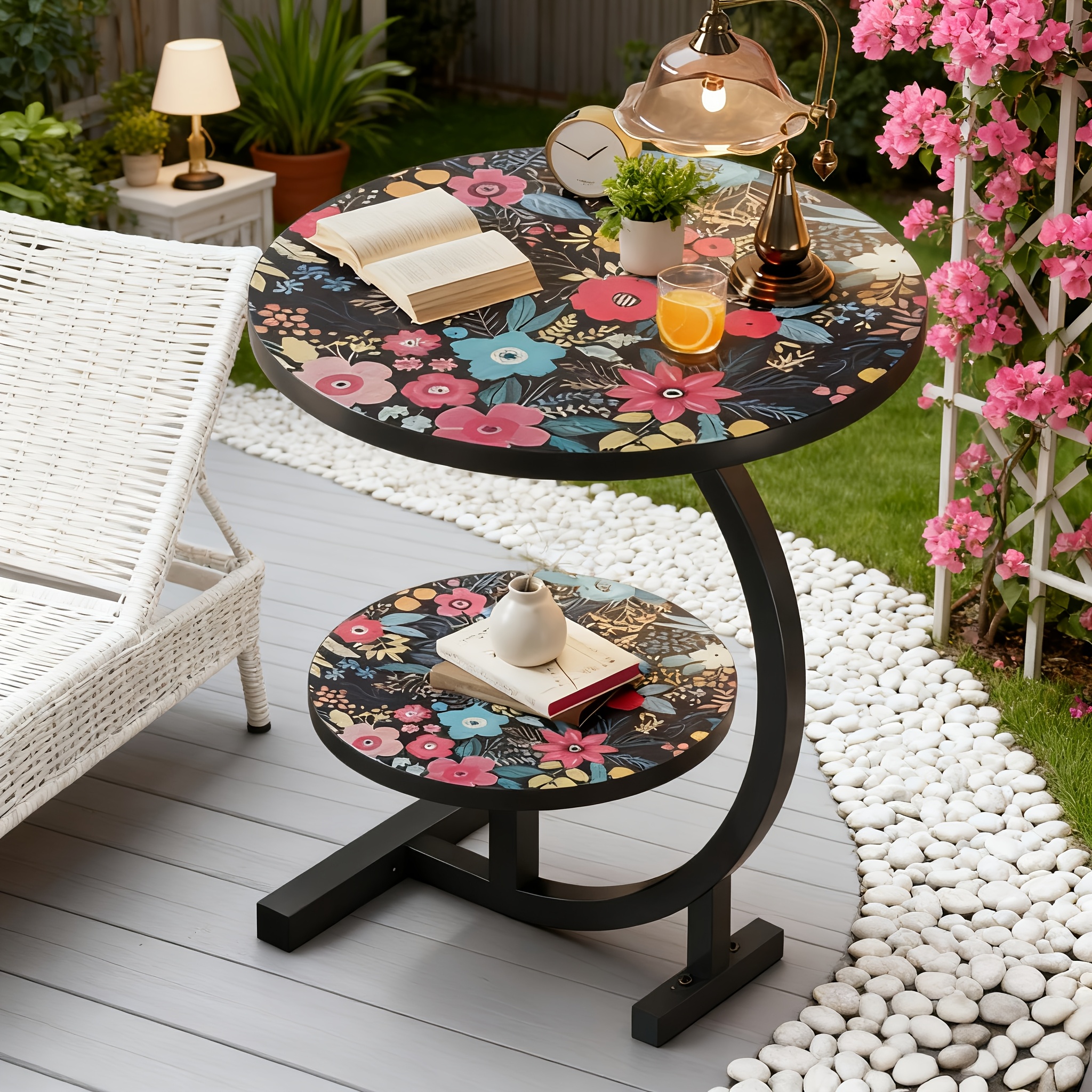 TEMU 2-tier Patio Side Table, Heavy-duty Rust-resistant Metal Round End Table, Weather-resistant Outdoor Accent Table With Sturdy Base, Easy To