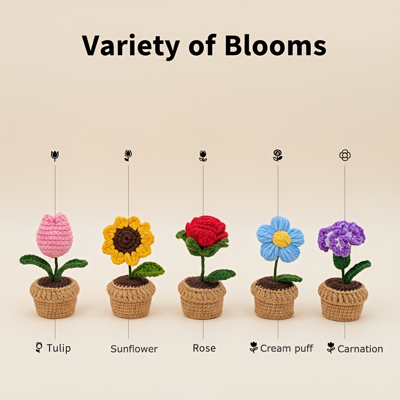 Handcrafted Crocheted Sunflower, Rose, Tulip, Puff, And Carnation Bonsai | Polyester, Non-electric, Ideal For Living Room Decor, Suitable For Christmas, Valentine's Day, Thanksgiving