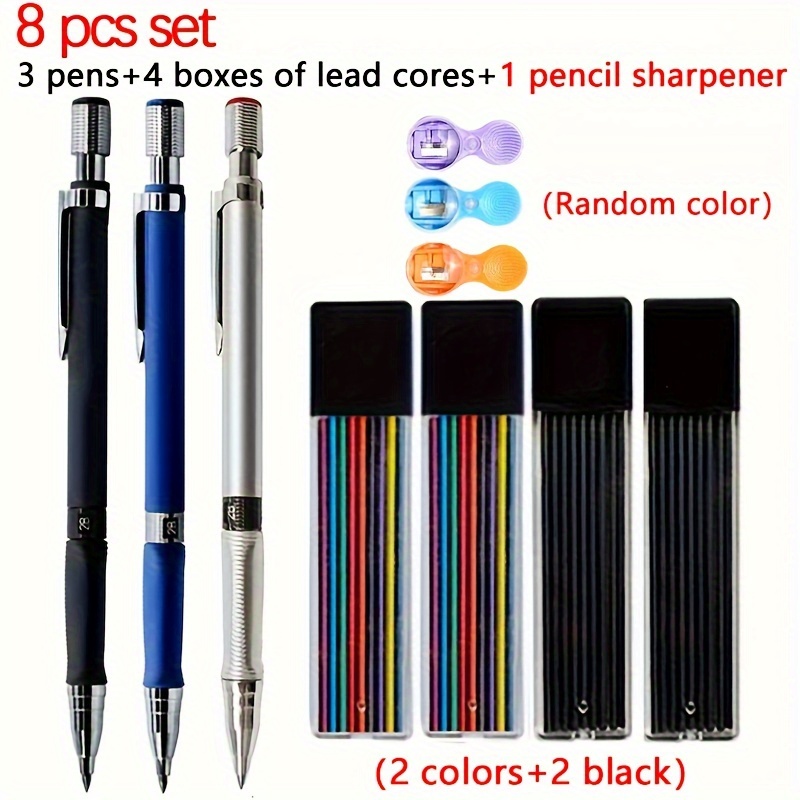 Image of 8pcs/set 2.0mm Automatic Pencil Set 2b Automatic Color/black Pen Core Art Sketching Supplies Stationery (3 Pens And 4 Pen Cores And 1 Random Pencil Sharpener)