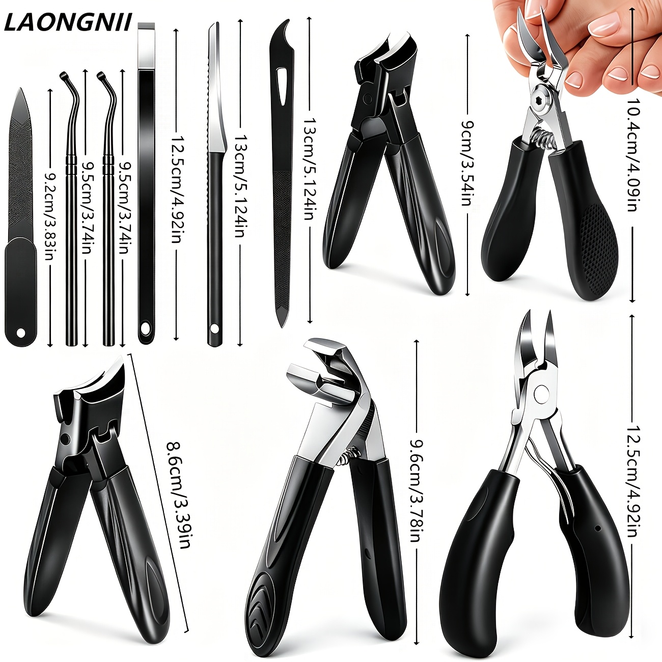 Image of 11pcs Professional Thick Nail Toenail Clipper Set For Seniors Heavy Duty Pedicure Tools Ingrown / Dead Skin Scraper / Nail File Black Ergonomic Handle Easy To Trim Hard Thick Nails