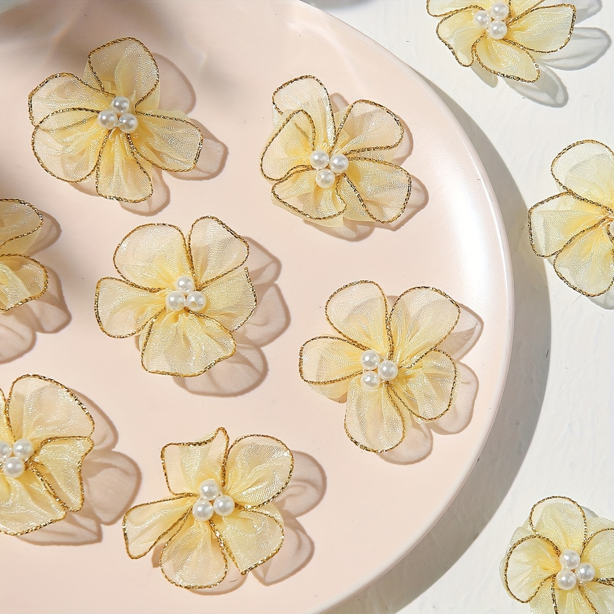 TEMU 30pcs Of Handmade Five-petal Pearl Flowers With Three-bead Snow Gauze Fabric Flowers For Beaded Floral Decorations, Clothing Additions, Hair