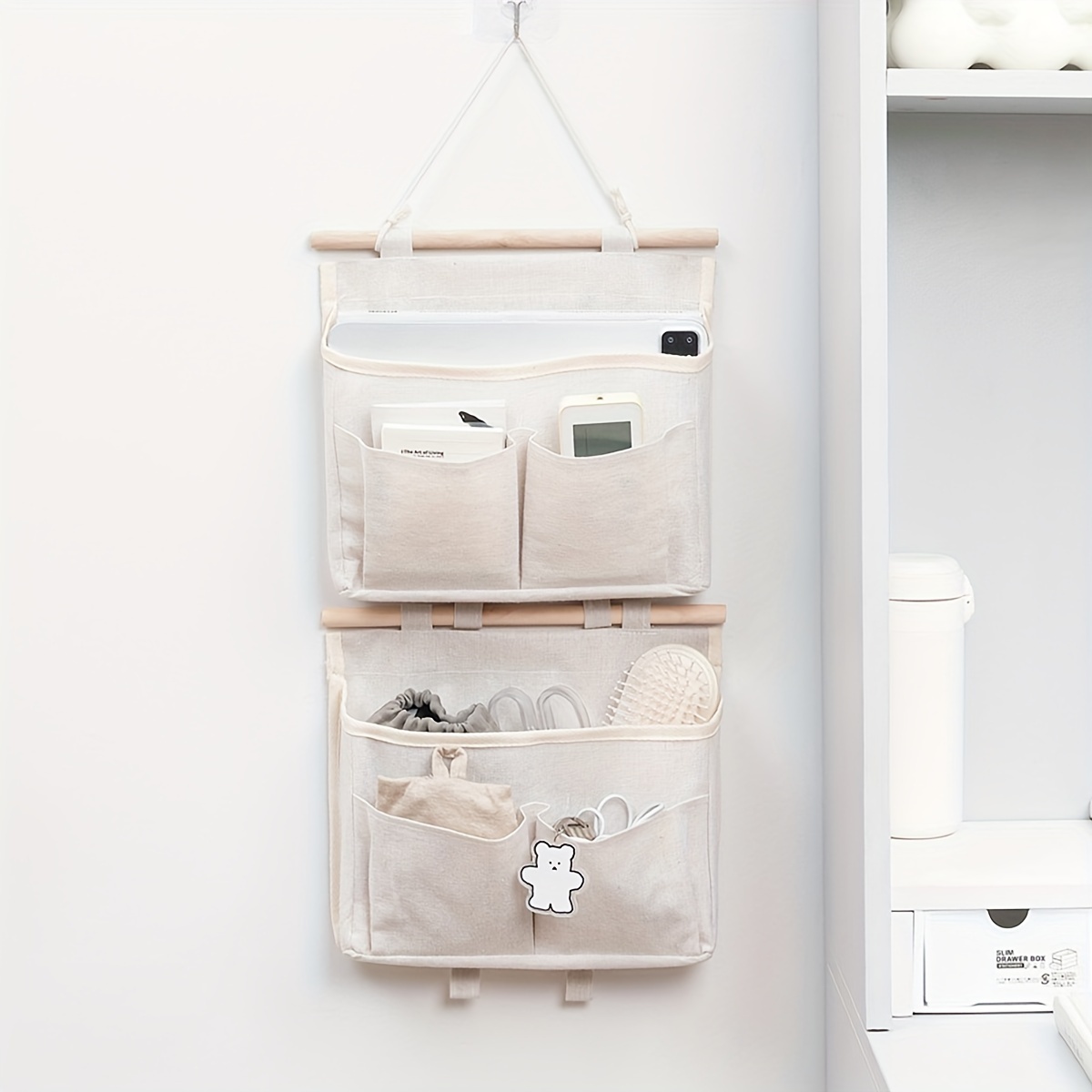 

Versatile Fabric Hanging Storage Bag - Wall-mounted Organizer For Bedroom, Dorm Room & More - In White And Gray