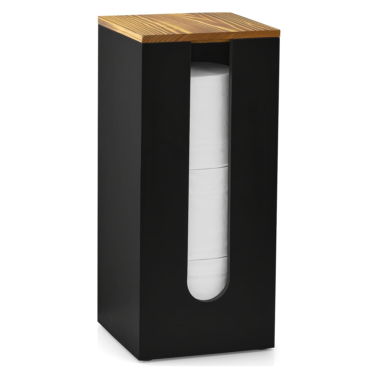 Image of Black Wood Freestanding Wooden Toilet Paper Holder Stand Rustic Bathroom Storage Organizer With Lid, Fits 3 Extra Xxl Toilet Paper Rolls