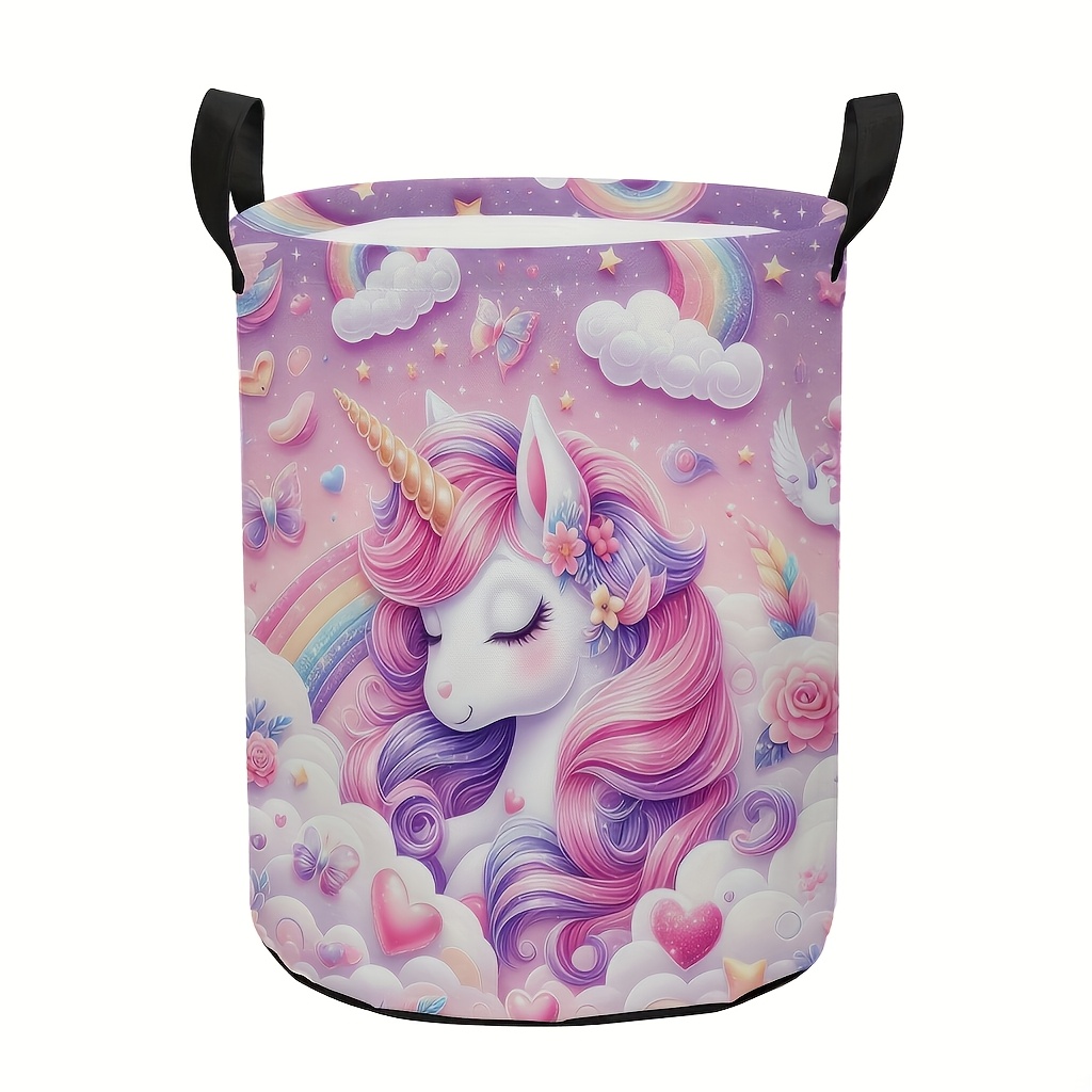 TEMU 1 Pink Unicorn Star-themed Cute Foldable Laundry Basket, Dirty Clothes Storage, For Bathroom, Bedroom, Living Room, Dorm Laundry Organization,