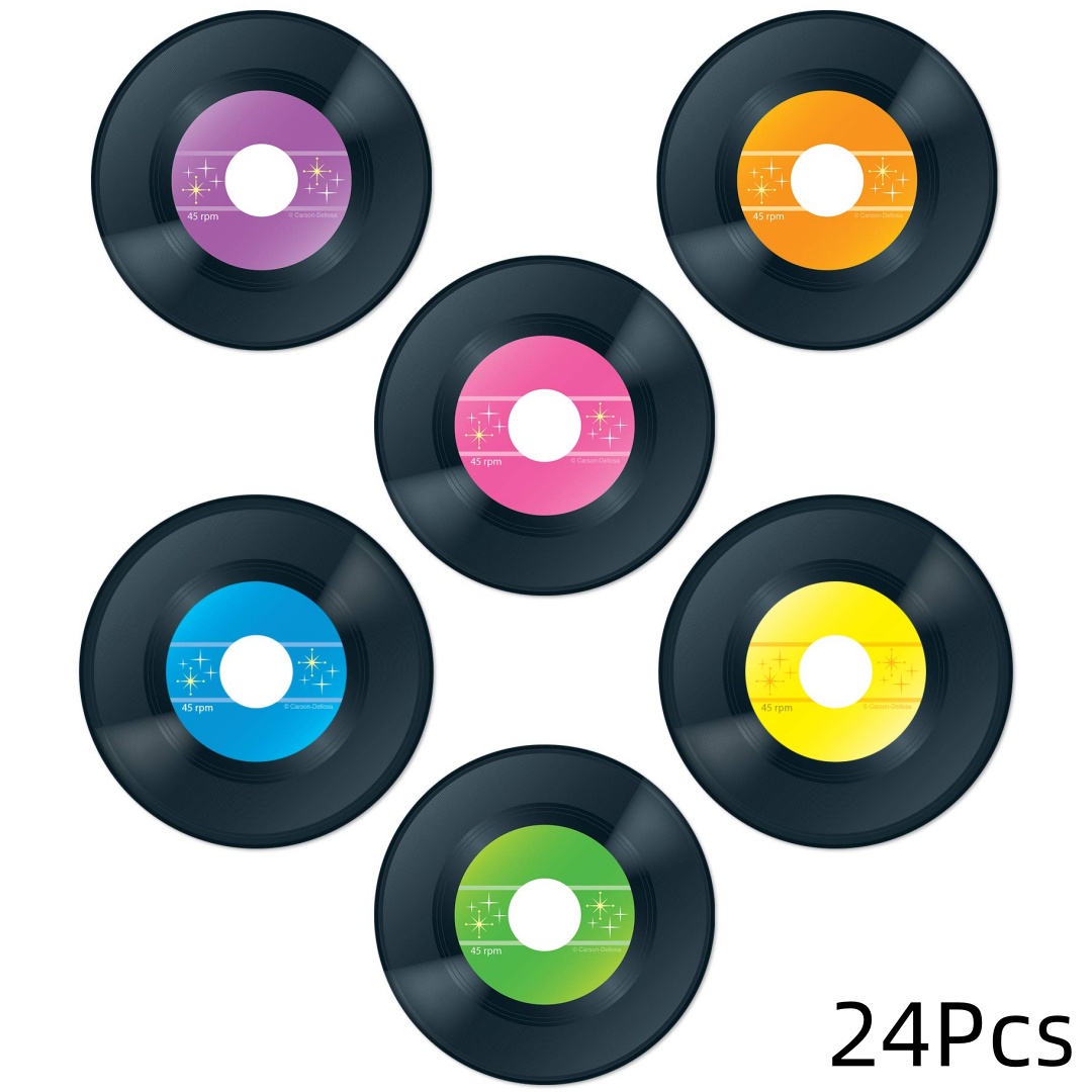 E-shop 12/24 Stück Schallplatten-Ausschnitte aus Vinyl, bunter Karton 80er Jahre Disco Groovy Party-Dekoration, Ausschnitte für Pinnwand,