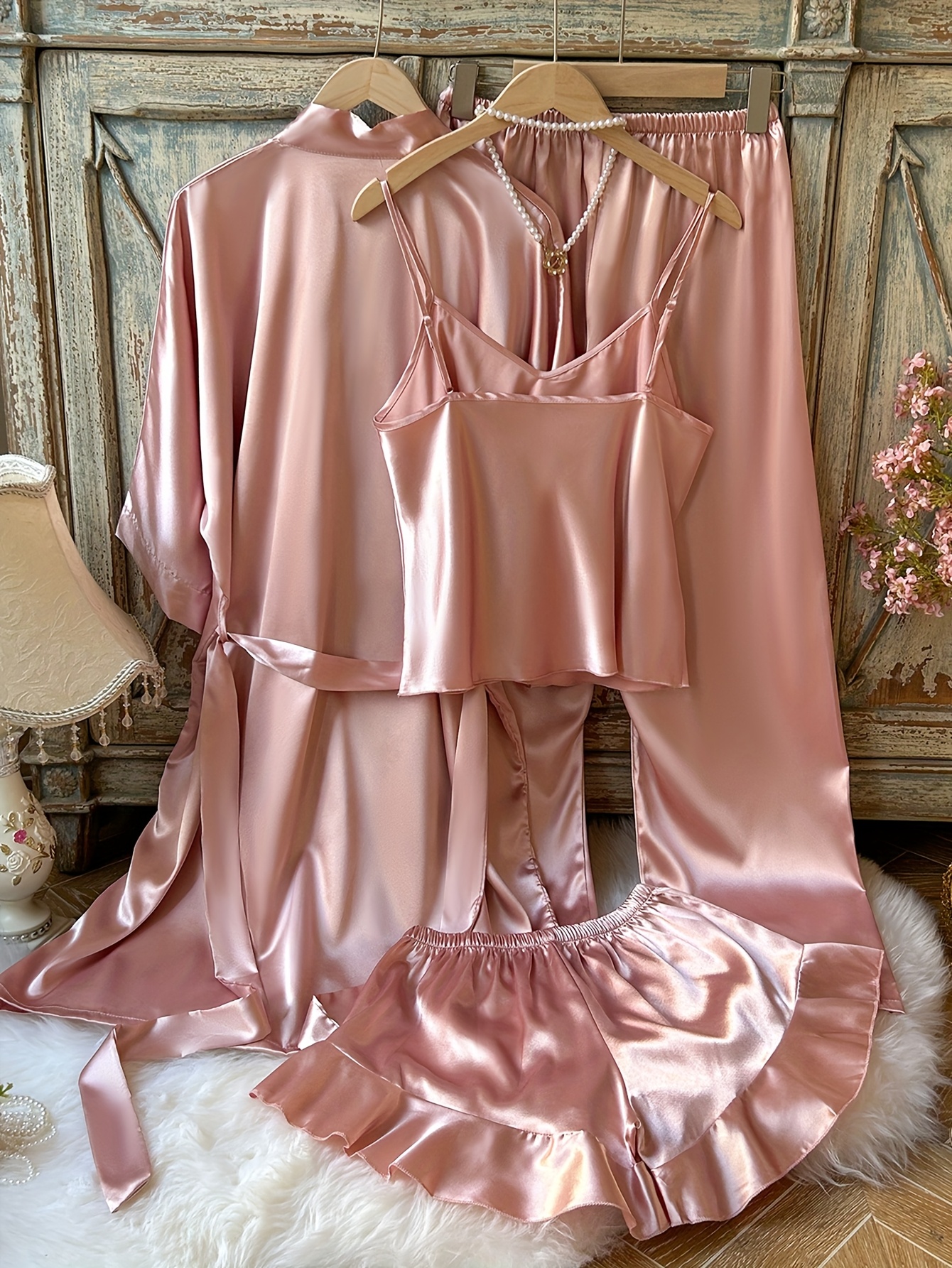 Valentines Day Elegant 4Pcs Womens Satin Pajama Set In Light