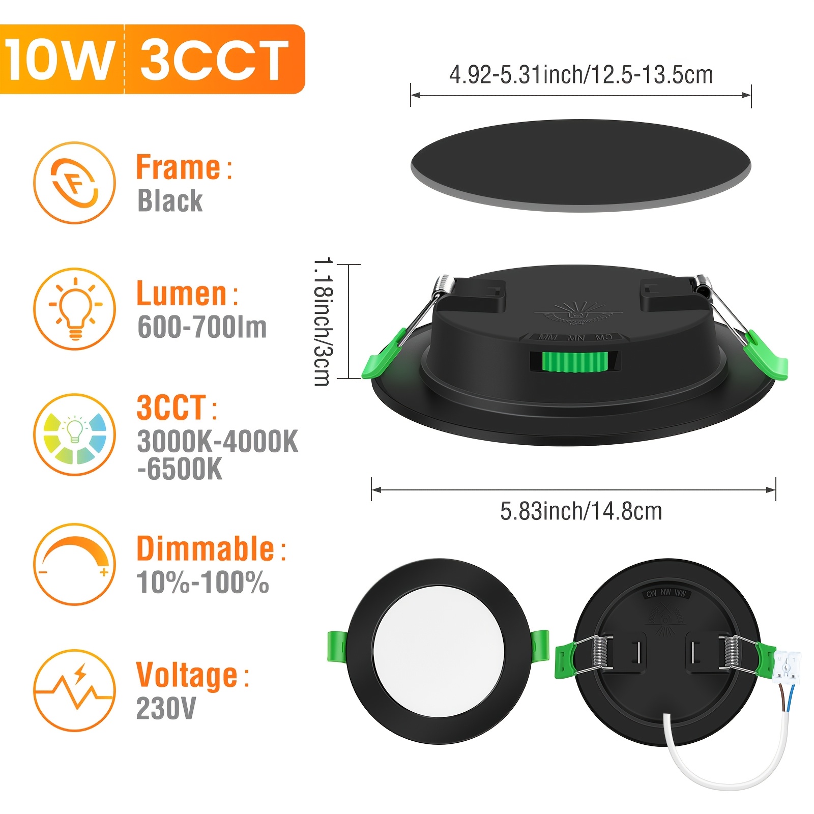 E-shop 6 Stk. ALUSSO LED Einbau-Strahler, 230V, ultradünn, dimmbare Deckenstrahler, 10 W, 125mm-135mm, Warm-/Neutral-/Kaltweiß, verstellbar, für