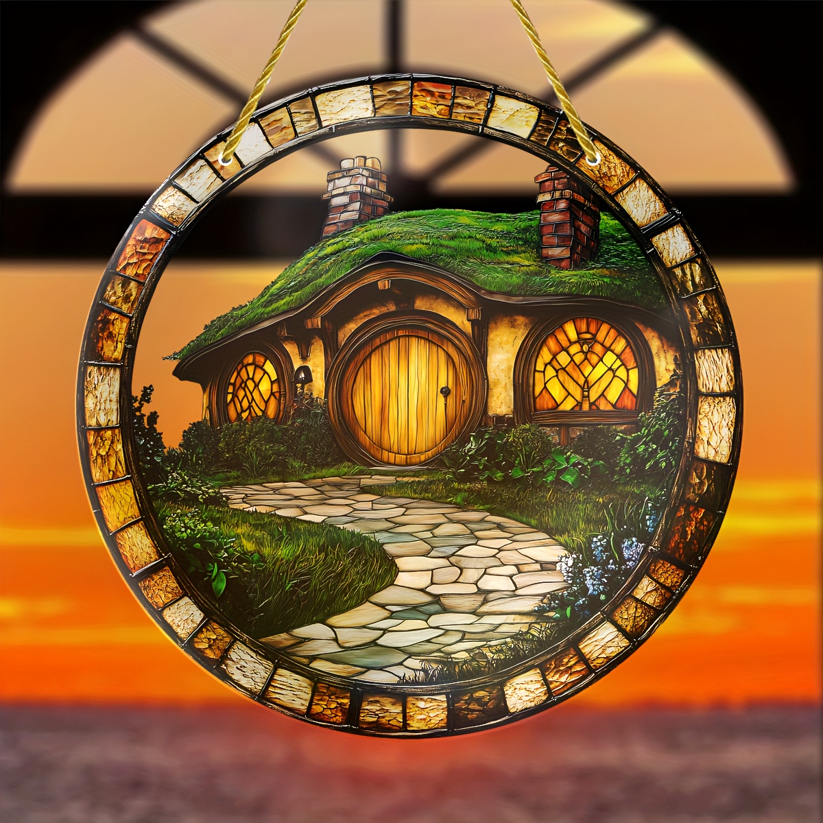 

Cottage 8"x8" Acrylic Suncatcher - Rustic Fairy Style Window Hanging Decor With Thatched Roof & Path Design - Living Room, Porch & Garden - Ideal Housewarming & Holiday Gift - Indoor/outdoor Use