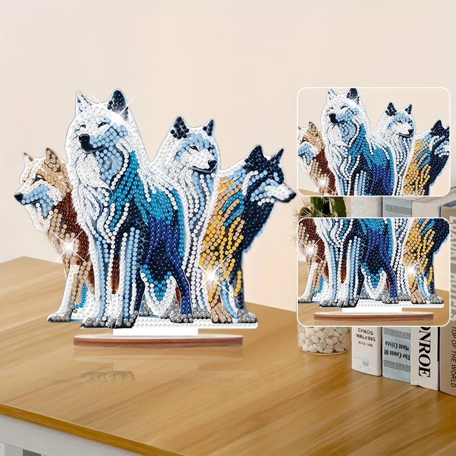 

5d Diy Wolf Pack Crystal Diamond Painting Desk Decor Ornament Kit - Home Office Tabletop Decoration Craft - Thanksgiving Gift - Wood Material - Paint By Number Embroidery Gem Art Set