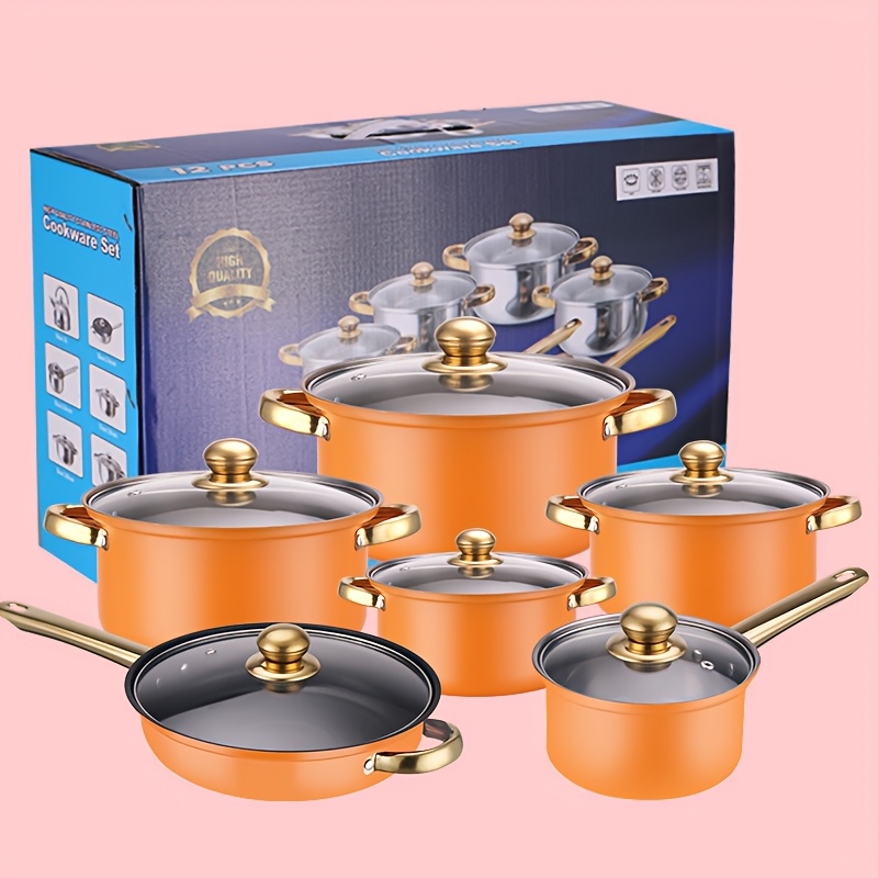 12pcs orange multifunctional cookware set stainless steel kitchen pots and pans combo including soup pot frying pan milk pot for home use cooking pot details 8