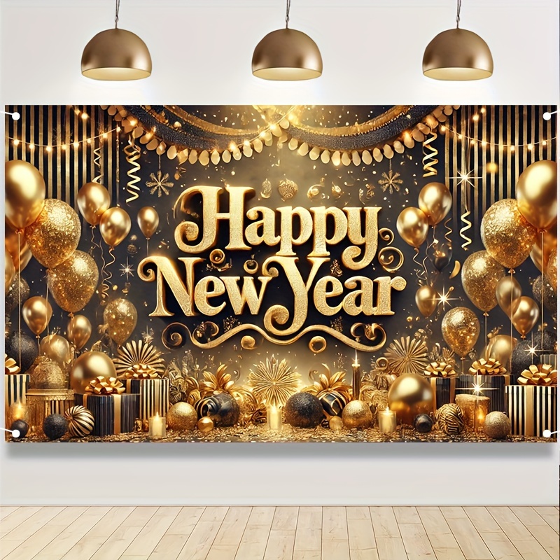 

Golden Happy New Year Party Banner | Polyester Multipurpose Festive Decor | New Year Celebrations Wall Backdrop With Balloons & Ornaments | No Electricity Required | 1pc, 71x43 Inches