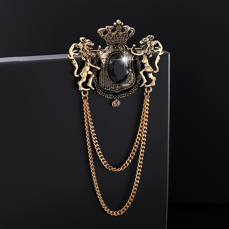 TEMU 1pc Fashion Style Individual Premium Crown Lion Chain Tassel Brooch Pin Clothing Accessory, Suitable For Men' Party Wear Decoration