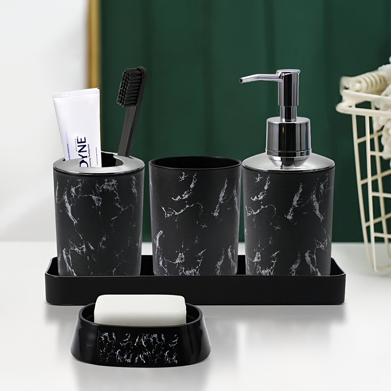 TEMU Marble Patterned Bathroom Set, Including Mouthwash Cups, Toothbrush Holder, Soap Dispenser, Soap Box, Tray, Toilet Brush, Trash Can, And Swab Box