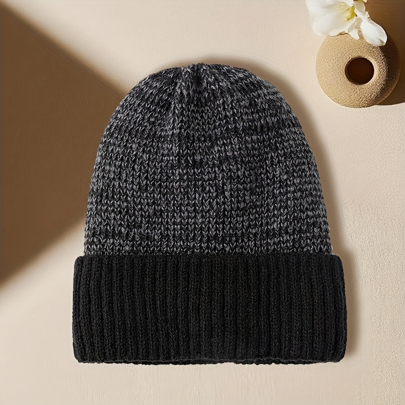 TEMU High-quality Striped Color-block Knitted Hat For Autumn And Winter, Double-layered, Plush, Thick, Warm, And Comfortable. A Brimless Hat Suitable
