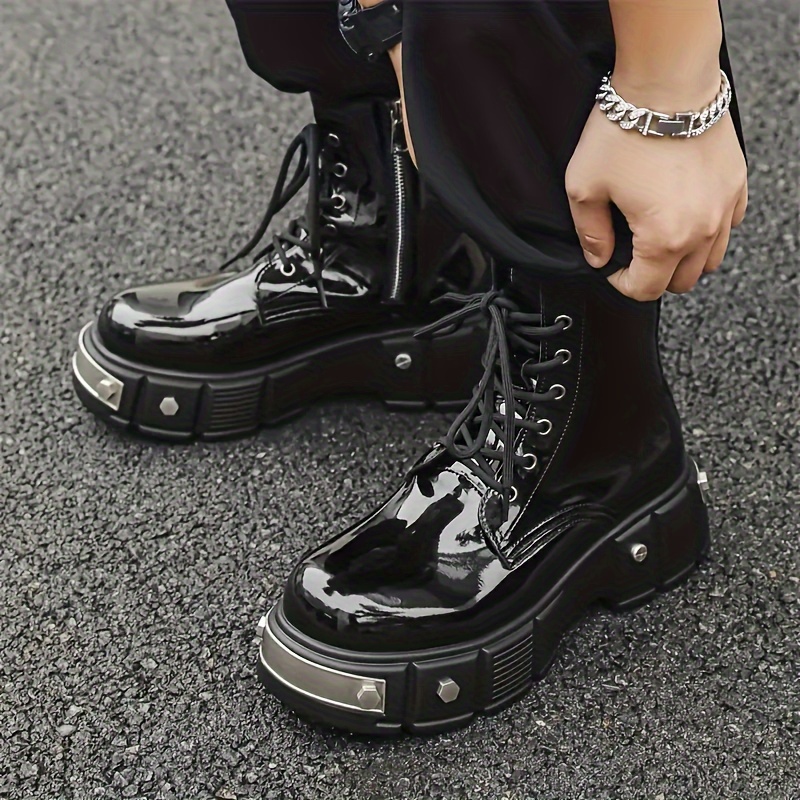 mens high top derby boots black microfiber synthetic casual - Temu