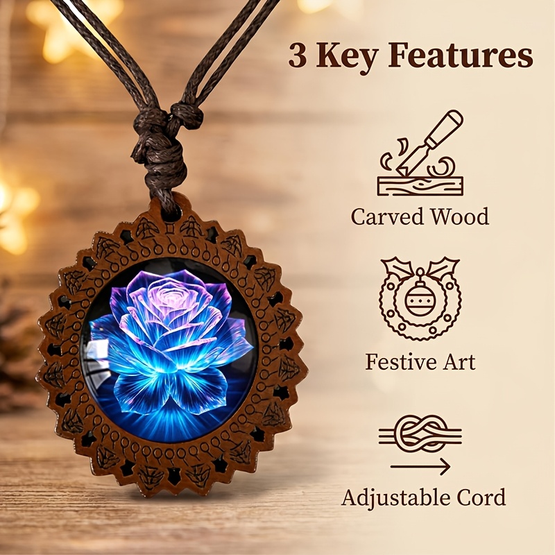 Iridescent Blue Lotus Wooden Necklace, Vintage Minimalist
