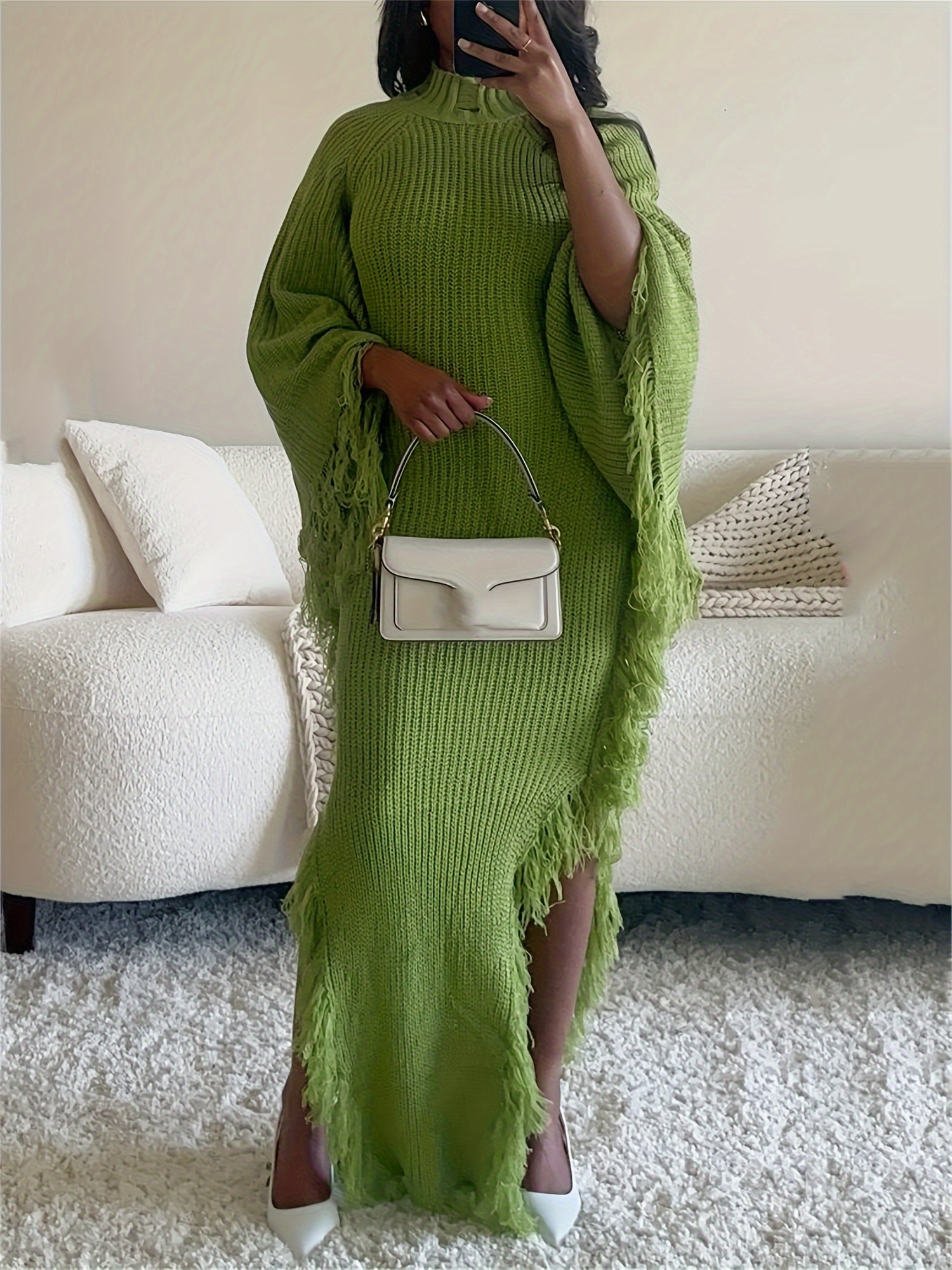 gifts fringe trim sweater dress women batwing long sleeve - Temu