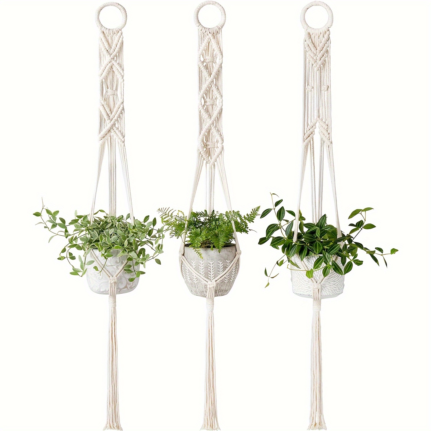 

Boho Style 3-pack 39 Inch Indoor/outdoor Macrame Plant Hangers With Patterned Design - Bohemian Home Decor Plant Holder For Garden, Patio, And Balcony Use