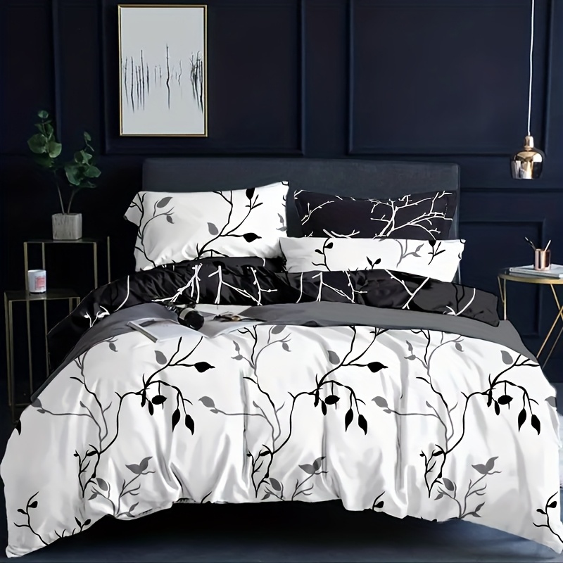 TEMU 3pcs Double-sided Print Quilt Cover Set, Breathable Polyester Print Plant Branch Style Bedding, Includes 1 Duvet Cover + 2 Pillowcases, (without