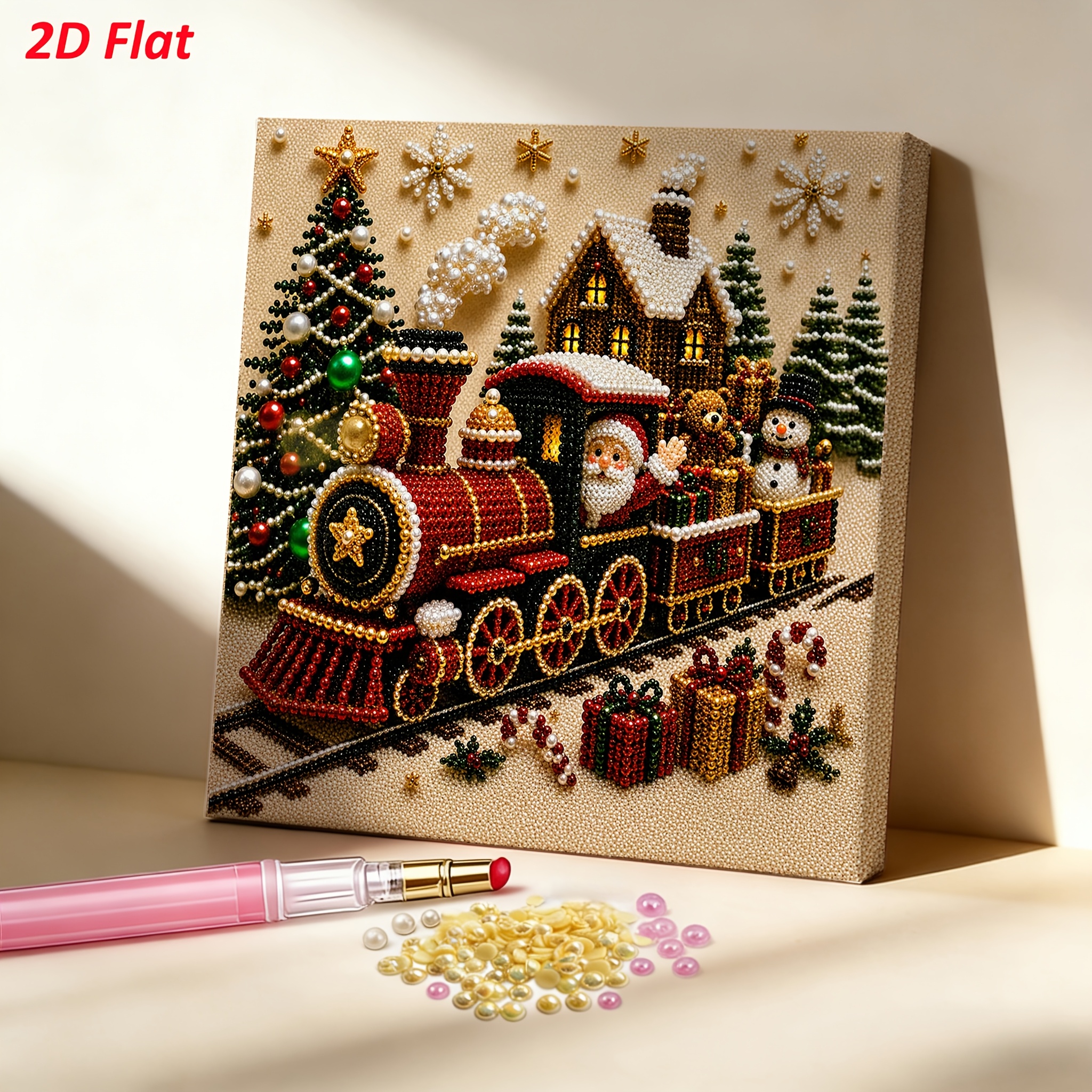TEMU 1 Set Christmas Steam Train 5d Pearl Diamond Painting 2d Flat 7.87-inch Hd Printed Kit Beginner Stress Relief Living Room Entrance Multi-scene