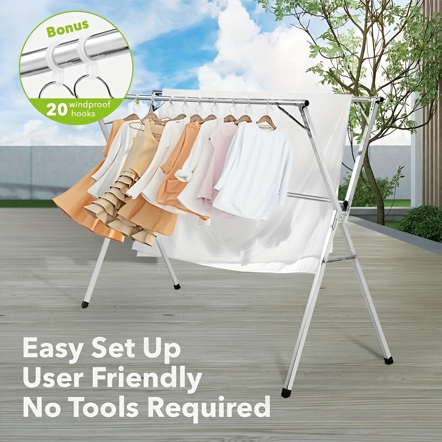 E-shop 199,9 cm Edelstahl Klappbare Kinderbetreuung Aufbewahrungsgestell, Teleskopischer Trockengestell, Outdoor Indoor Zusammenklappbare Wäsche