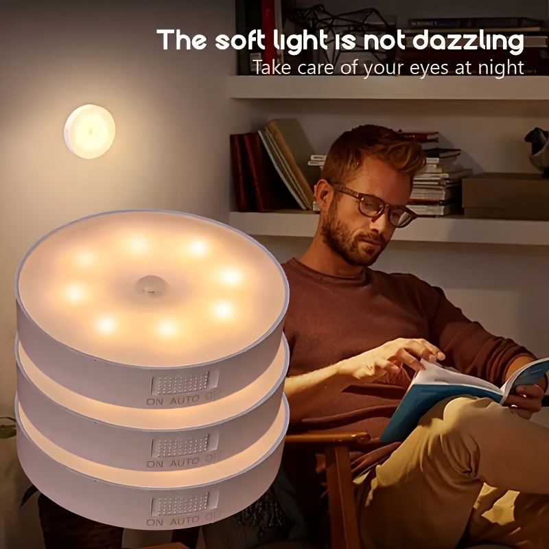E-shop 3 Stück Bewegungssensor Leselampen - USB-Aufladung, Klebende Nachtlichter, Geeignet für Treppen, Schränke, Schlafzimmer Schuhschränke