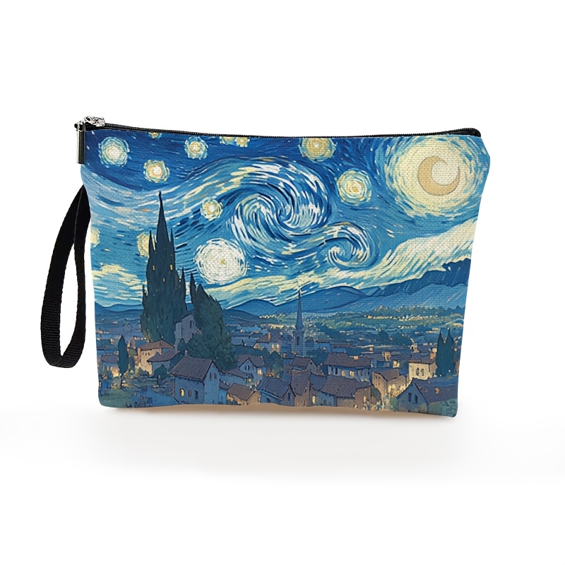 TEMU Van Starry Night Inspired Cosmetic Pouch, Fashionable Zippered Makeup Bag, Perfect Gift For Women, Unisex-adult, Polyester, Unscented, 6.7x9.9 Inches