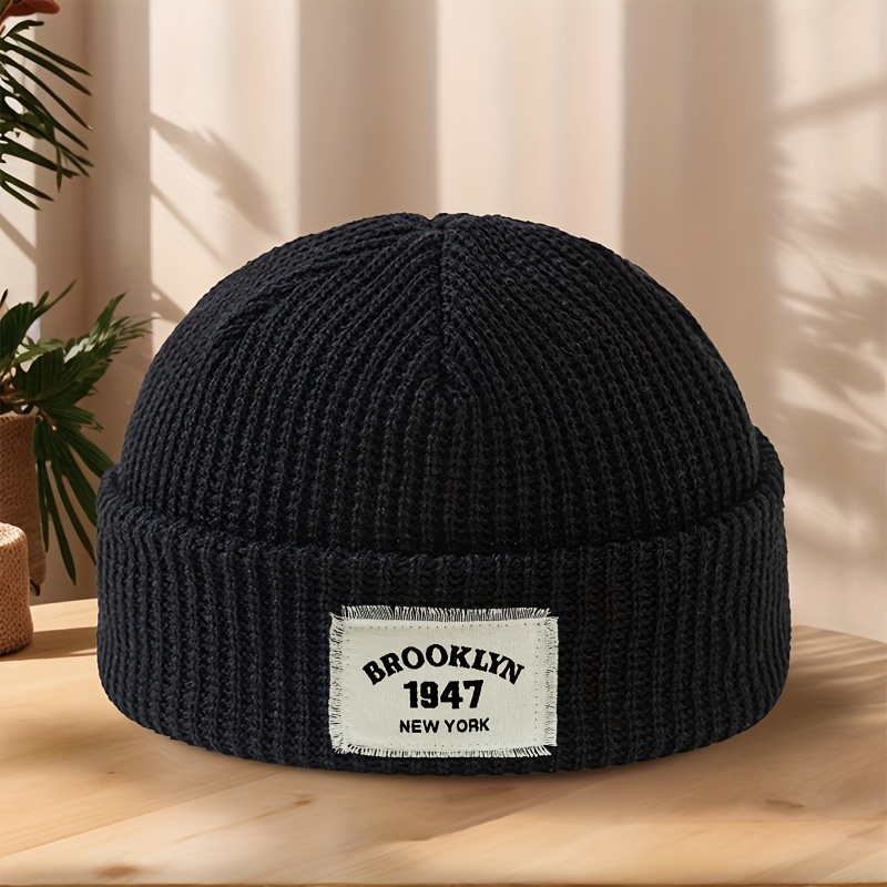 TEMU Brooklyn 1947 Print Applique Melon Knit Hat Autumn And Winter Soft Comfortable Warm Brimless Hat Outdoor Leisure Sports Running Cycling Skiing