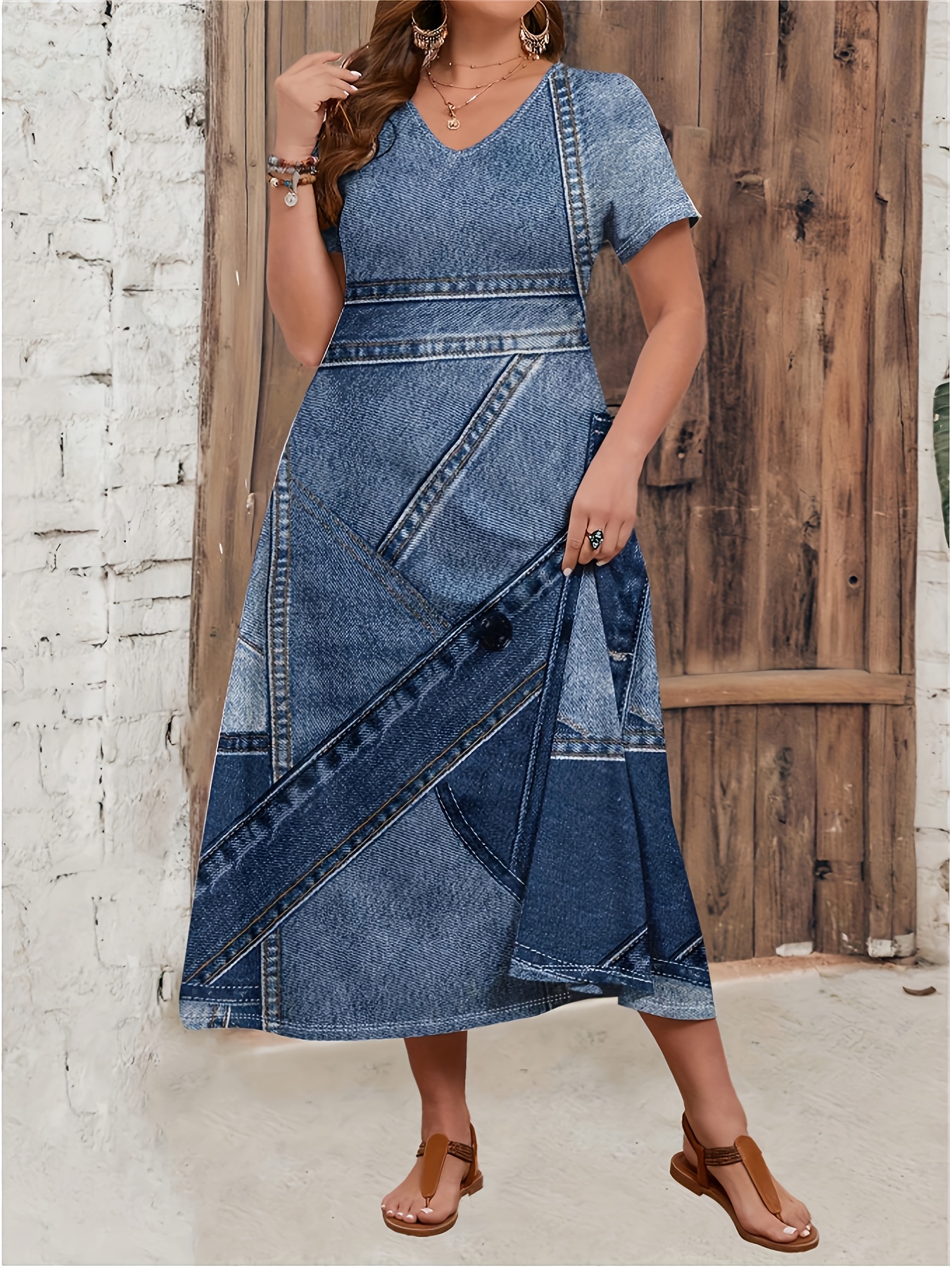 Plus Size Women's Casual Loose And Comfortable V-neck Short-sleeved Dress *  for Spring And Summer plus size womens casual loose comfortable v neck short - Temu