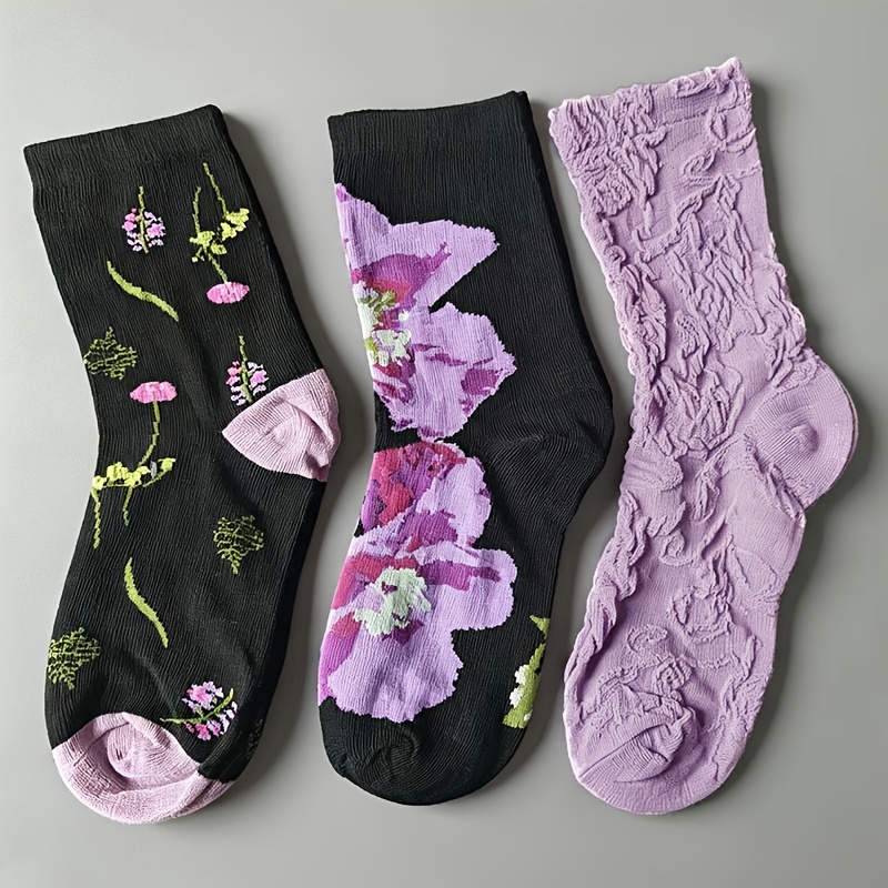 Image of 3 Pairs Women's Purple Floral Mid-calf Socks - Embossed , 95% Polyester 5% Elastane, Stretchy & Breathable, Machine Washable, Versatile For Casual & Formal Wear
