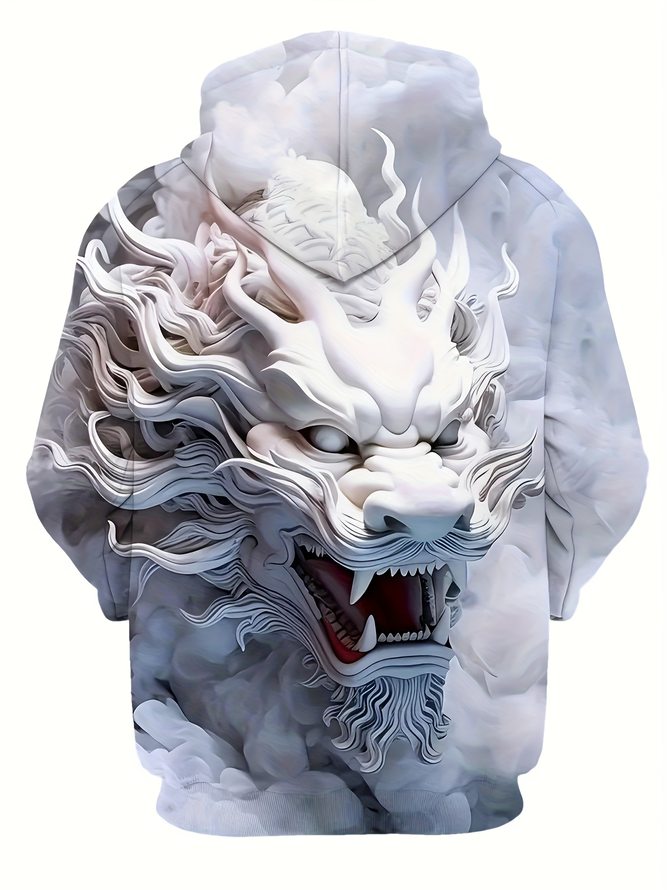 Men'S White/Gray Dragon Print Hoodie - Stretch Knit Pullover with Drawstring Hood & Side Pockets, Bold Graphic Streetwear for Gym, Casual & Winter Wear - Machine Washable Comfort Fit Athletic Sweatshirt, Men' Lion King Hoodie, Hoodie For Men