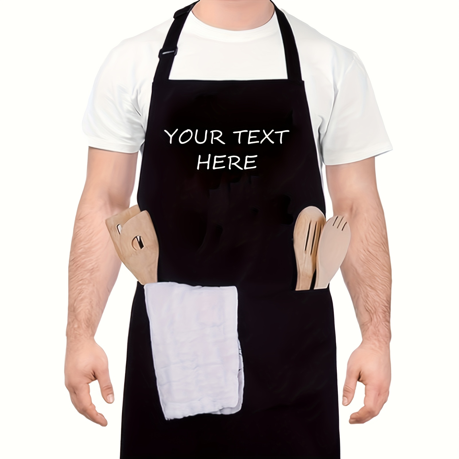 TEMU Personalized Custom Text Apron /message - Adjustable Black Polyester Bib Suitable For Cooking, Kitchen, Chef Apron For , Durable Gift For