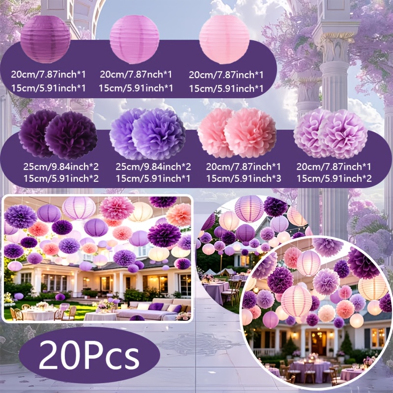 Image of 20pcs Pink Paper Flower Balls And Lantern Set For Weddings, Birthdays, Country Events, Garden Parties, Spring Celebrations, Bridal Shower Ceiling Decorations, For Halloween, Christmas