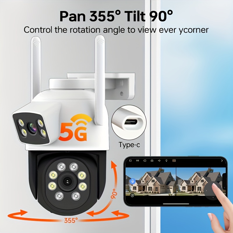 Двойна леща PTZ сигурностна камера 2.4/5G Dual Band WiFi камера, 1920P домашна и външна безжична IP камера, 355° обхват CCTV камера, с детекция на движение и двупосочен аудио, аларма чрез приложение, облачно съхранение (не е включено), приложение за смартфон